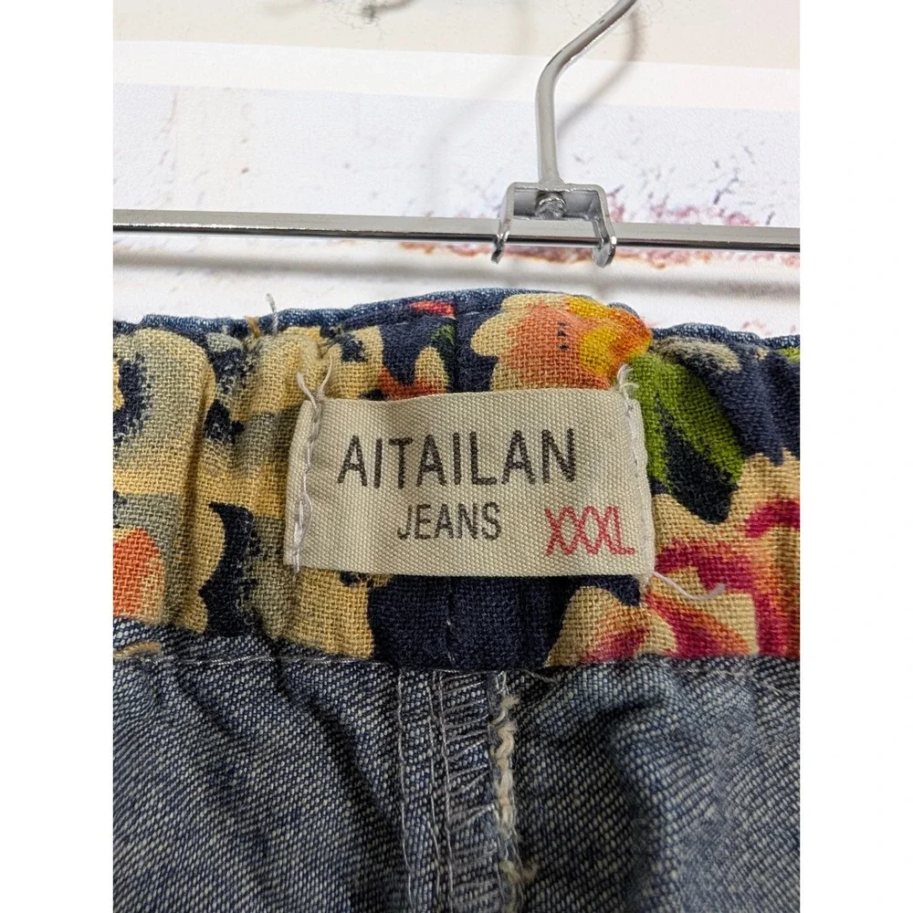 Aitailan Patchwork Jeans Women XXL Blue Boho Floral Denim Pants